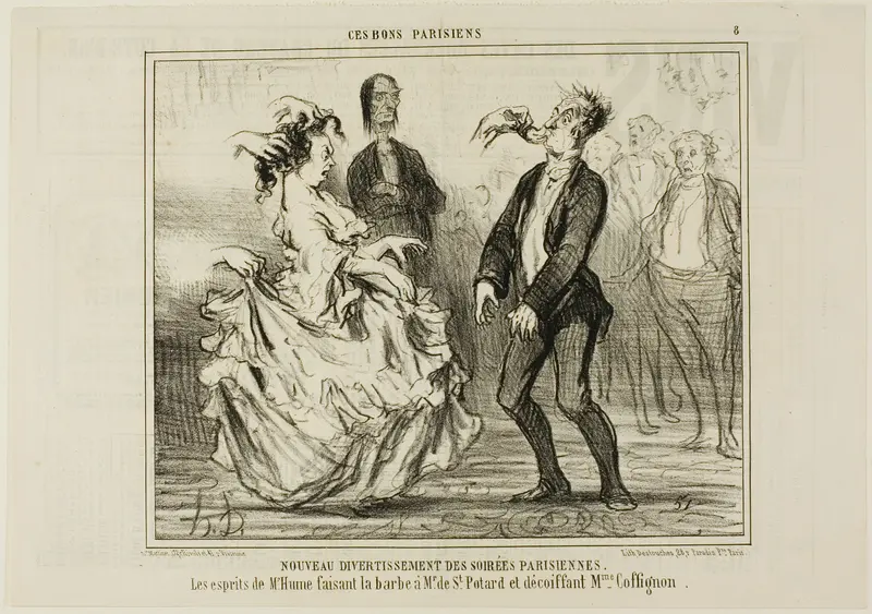 New Entertainment at the Parisian Evening Parties. The spirit of Mr. Hume shaving the beard of Monsieur de St. Potard and undoing the hair of Madame Coffignon, plate 8 from Ces Bons Parisiens