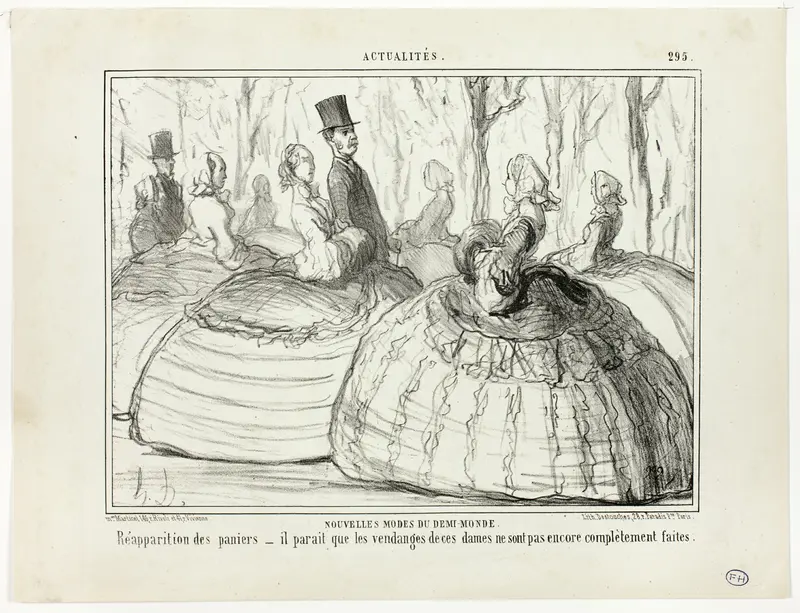 New Fashion of the Half-World. Reappearance of the baskets – it seems that these ladies are not yet quite done with their harvest, plate 295 from Actualités