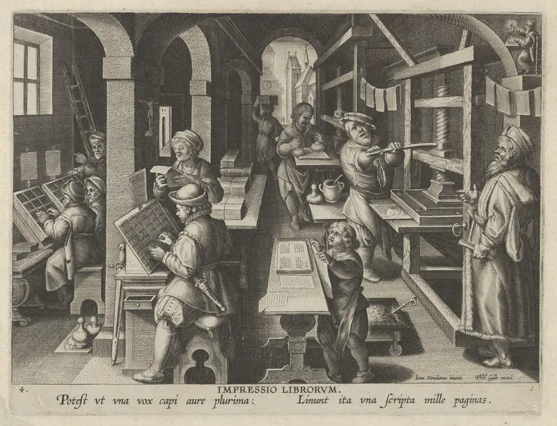 New Inventions of Modern Times [Nova Reperta], The Invention of Book Printing, plate 4 by Jan Collaert I - High-Resolution Digital Print