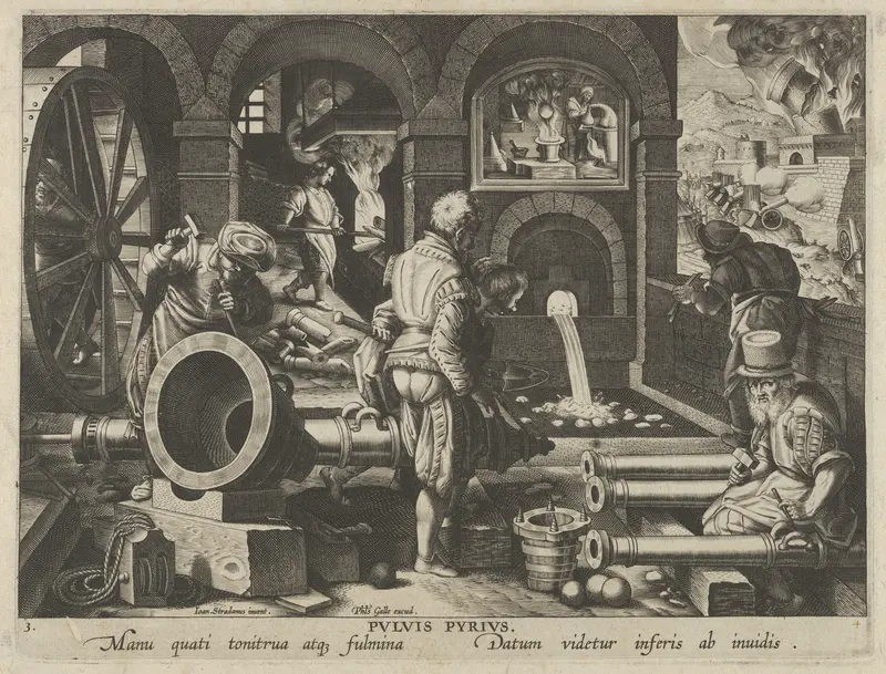 New Inventions of Modern Times [Nova Reperta], The Invention of Gunpowder, plate 3 Wall Art by Jan Collaert I - High-Resolution Digital Print