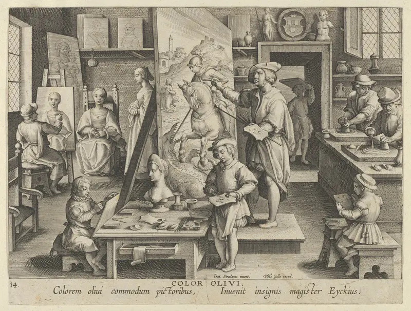 New Inventions of Modern Times [Nova Reperta], The Invention of Oil Painting, plate 14 Wall Art by Jan Collaert I - High-Resolution Digital Print