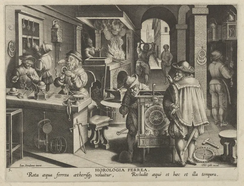New Inventions of Modern Times [Nova Reperta], The Invention of the Clockwork, plate 5 Wall Art by Jan Collaert I - High-Resolution Digital Print