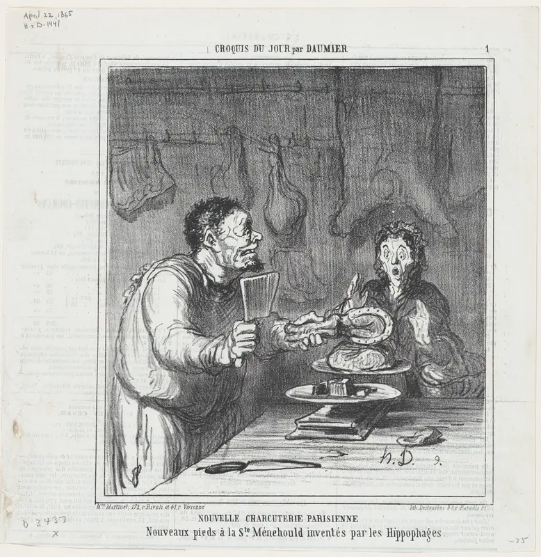 New Parisian butcher's shop, from 'Sketches of the day,' published in Le Charivari, April 22, 1865 Wall Art by Honoré Daumier - High-Resolution Digital Print