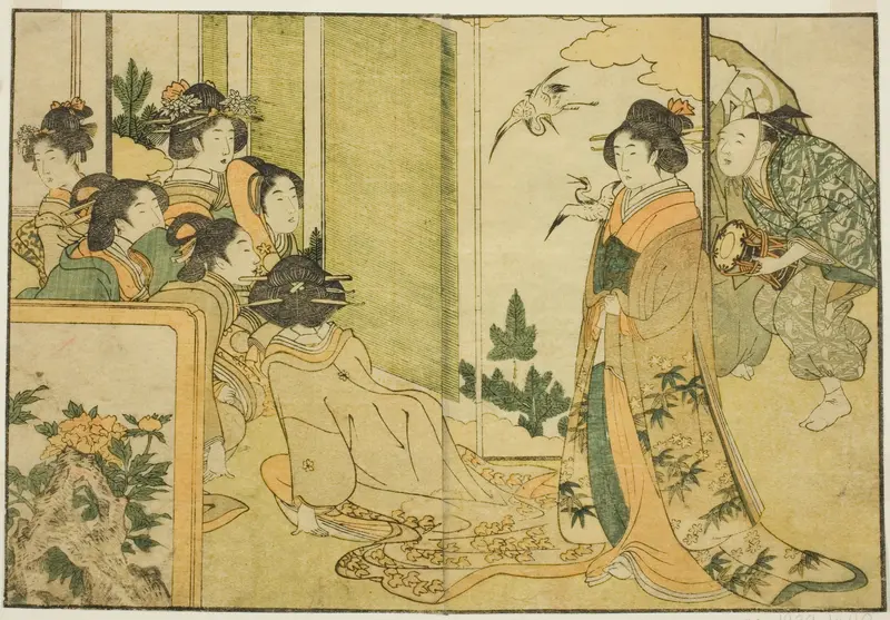 New Year Manzai Performance at a Feudal Lord's Mansion, from the illustrated book "Picture Book: Flowers of the Four Seasons (Ehon shiki no hana)," vol. 1