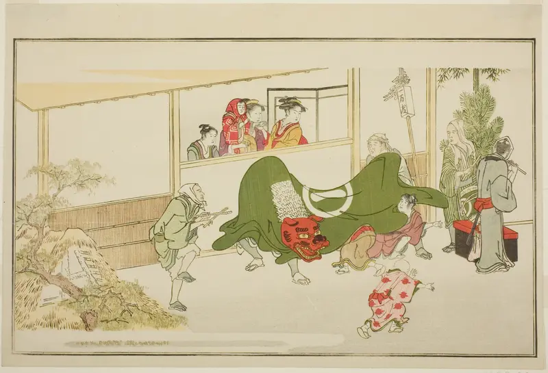 New Year Street-Performers, from the illustrated kyoka anthology "The Young God Ebisu (Waka Ebisu)"