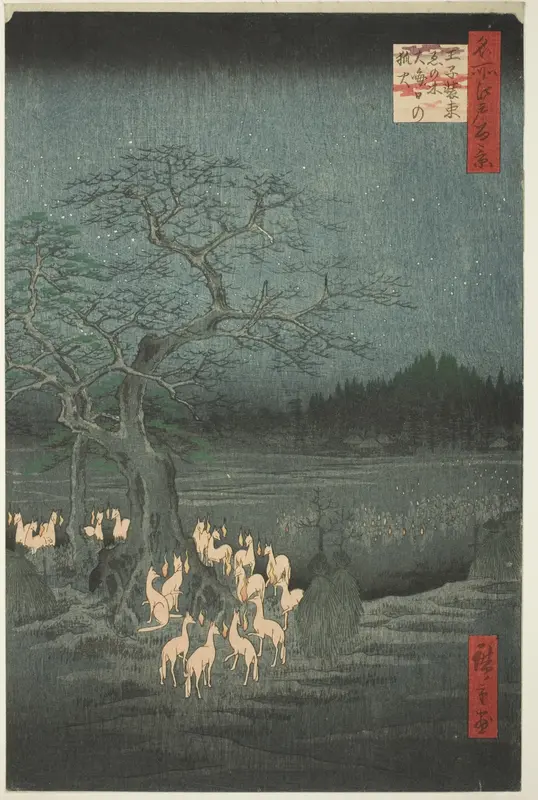 New Year’s Eve Fox Fires at the Changing Tree (Ōji shozoku enoki omisoka no kitsunebi), from the series One Hundred Famous Views of Edo (Meisho Edo hyakkei)
