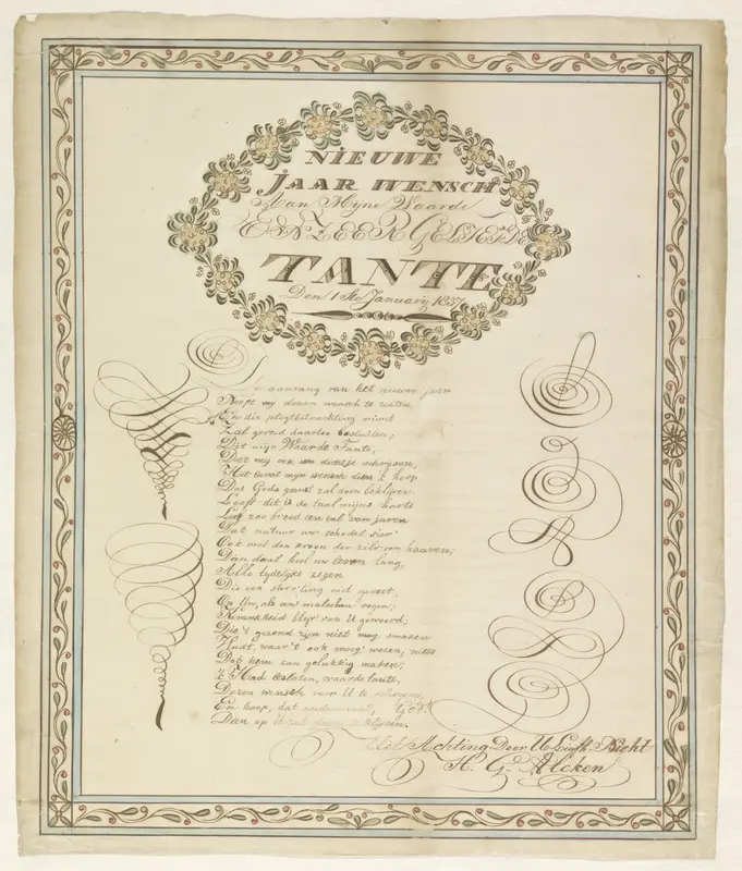 Nieuwe / jaar wensch / Aan mijne waarde / en zeer geliefde / tante / den 1 ste januarij 1837 Wall Art by Unknown - High-Resolution Digital Print