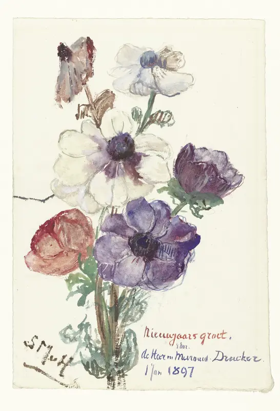 Nieuwjaarsgroet met anemonen Wall Art by Sientje Mesdag-van Houten - High-Resolution Digital Print