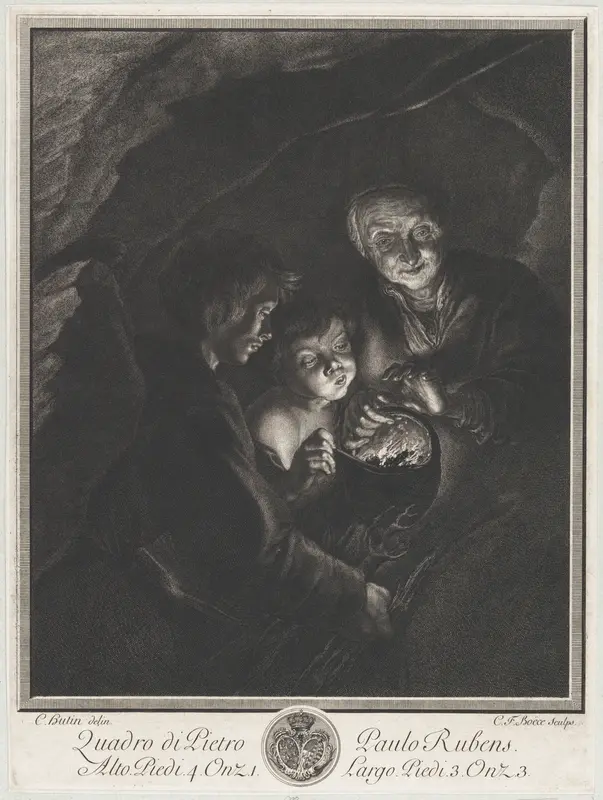 Night scene in a cave with an old woman holding burning coals in a pot, a boy blowing into the fire at left Wall Art by Christian Friedrich Boetius - High-Resolution Digital Print