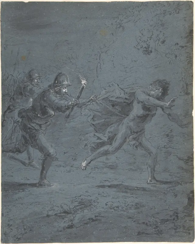 Night scene with soldiers chasing a fugitive (Mark XIV, 5-52) Wall Art by Leonaert Bramer - High-Resolution Digital Print