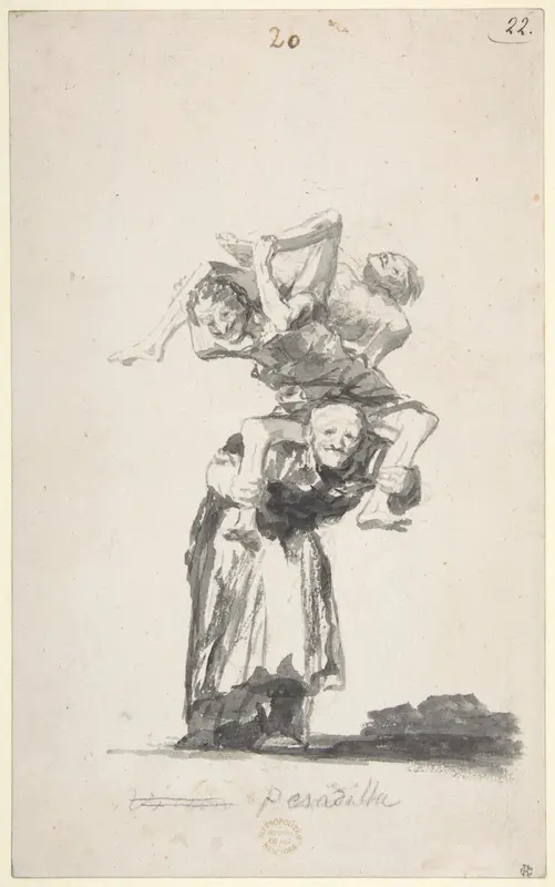'Nightmare'; an old woman carrying figures on her back; page 20 from the Witches and Old Women  Album (D)
