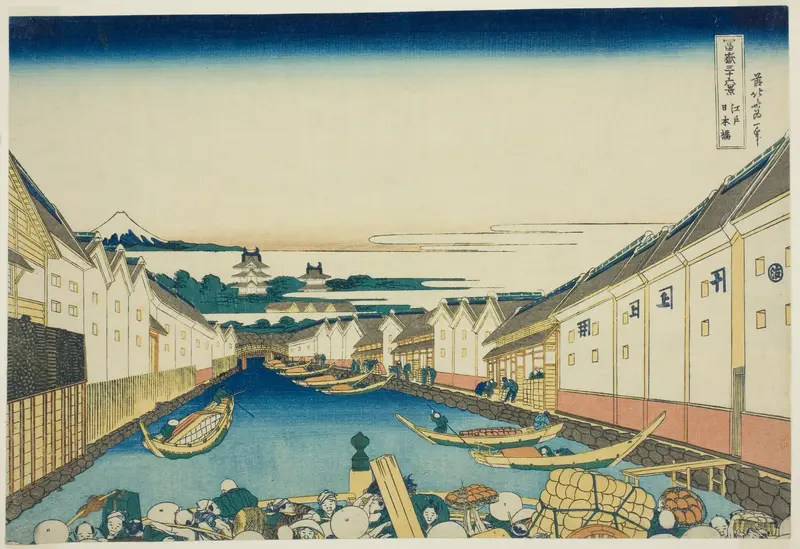 Nihonbashi Bridge in Edo (Edo Nihonbashi), from the series "Thirty-six Views of Mount Fuji (Fugaku sanjurokkei)"