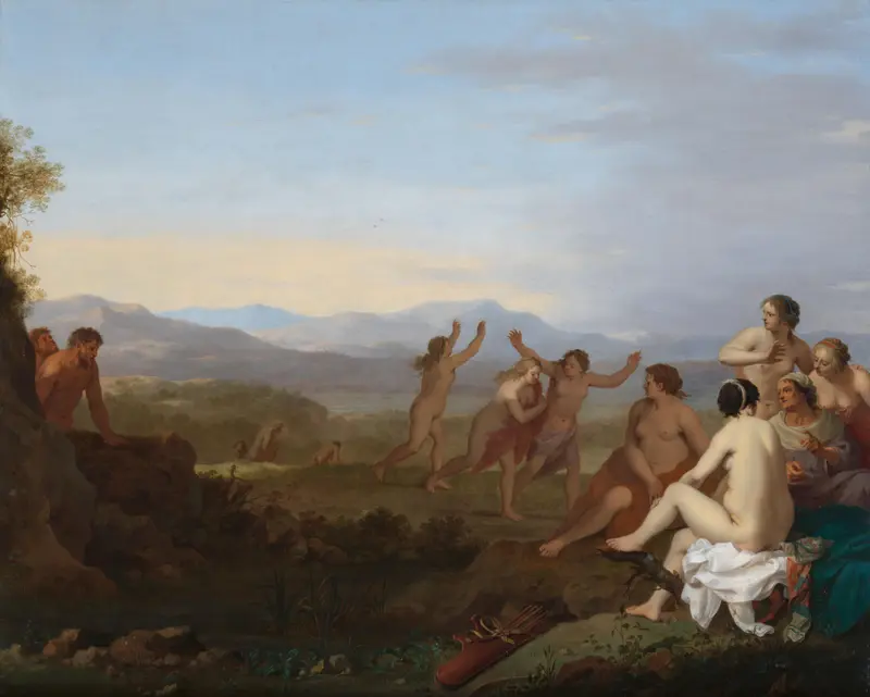 Nimfen door saters bespied Wall Art by Cornelis van Poelenburch - High-Resolution Digital Print