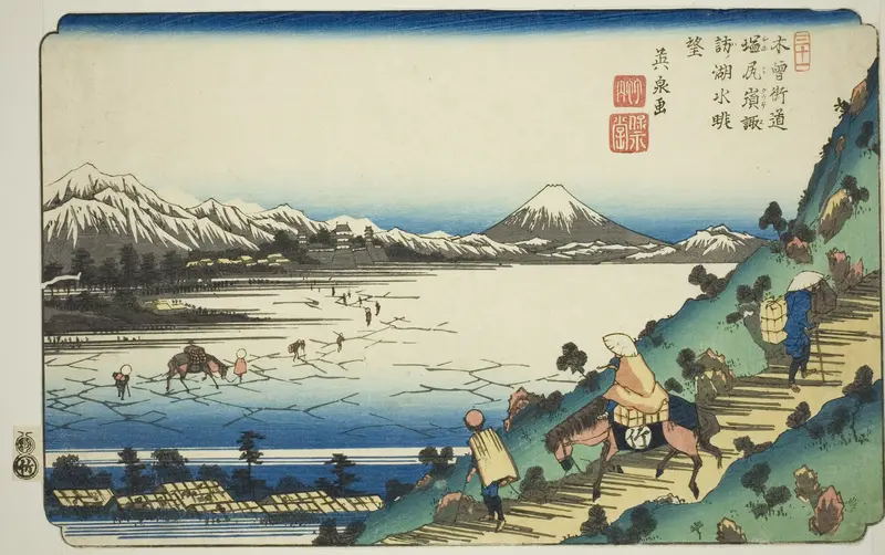 No. 31: View of Lake Suwa from Shiojiri Pass (Sanjuichi: Shiojiri toge Suwa no kosui chobo), from the series "[Sixty-nine Stations of the] Kisokaido"