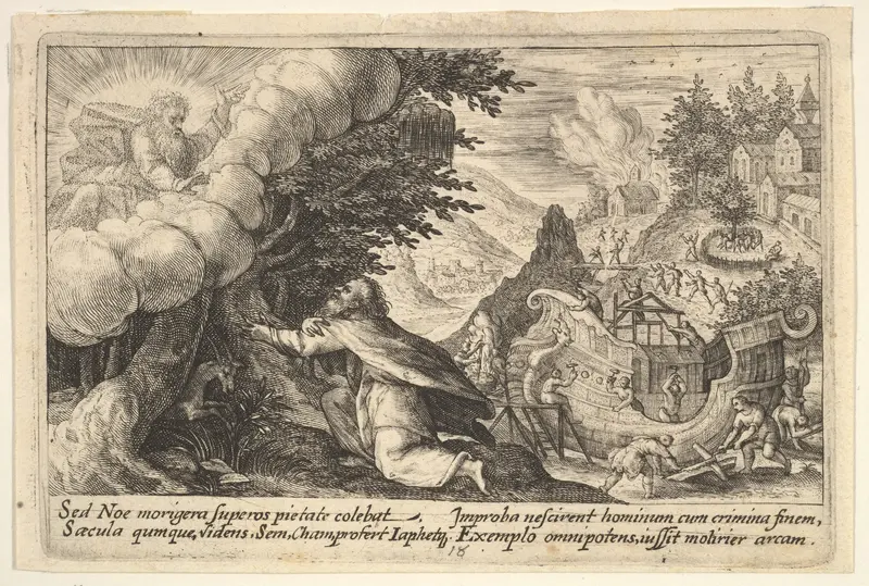 Noah kneeling before God at left, the construction of the ark underway beyond, from "Liber Genesis" Wall Art by Crispijn de Passe the Elder - High-Resolution Digital Print