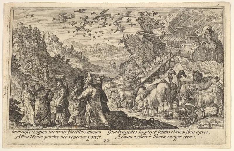 Noah leaving the ark with his family and animals: at left Noah's family carries supplies, at right animals descend on a ramp from the ark, above birds fly from the ark, from "Liber Genesis" Wall Art by Crispijn de Passe the Elder - High-Resolution Digital Print
