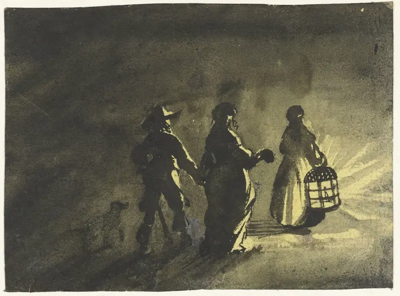 Nocturnal Scene: Couple Walking behind a Woman with a Lantern Wall Art by Gesina ter Borch - High-Resolution Digital Print