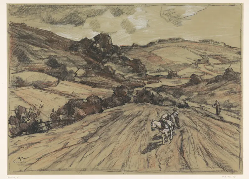 Normandisch heuvellandschap met een boer en twee witte paarden Wall Art by Edzard Koning - High-Resolution Digital Print