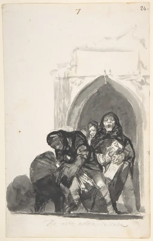 Nothing is Known of This; two figures picking up a body in front of a church, a monk singing next to them and another in the background; page 7 from the "Witches and Old Women" Album (D)