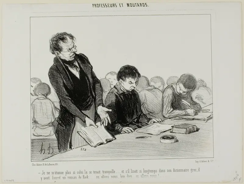“- Now I understand why this chap was so quiet all the time..... instead of reading quietly in his Greek dictionary, he was indulging in a novel by de Kock.... Oh my God.... where is this all going to end!!,” plate 22 from Professeurs Et Moutards