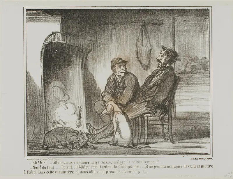 “- Now what? Are we going to continue hunting during the rain? - Not at all! The animals are just as afraid of the rain as we are. They might not be able to find this shelter, and we would end up losing too many of them!,” plate 5 from Croquis De Cha