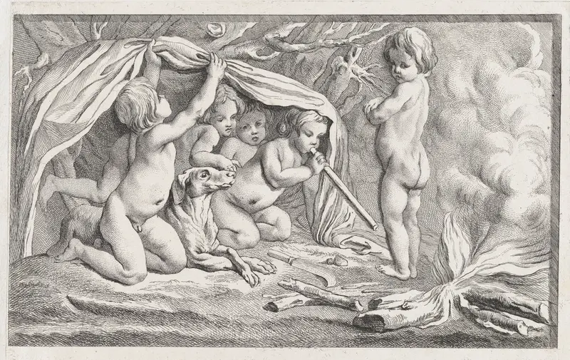 Nude children and a dog warming themselves by a fire; an allegory of Winter, after a bas-relief on the Fontaine des Quatre-Saisons (Paris) Wall Art by Anonymous - High-Resolution Digital Print