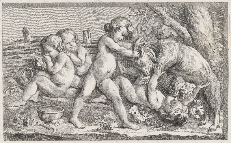 Nude children eating grapes and playing with a goat; an allegory of Fall, after a bas-relief on the Fontaine des Quatre-Saisons (Paris) Wall Art by Anonymous - High-Resolution Digital Print