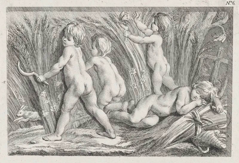 Nude children shearing wheat; an allegory of Summer; after a bas-relief on the Fontaine des Quatre-Saisons (Paris) Wall Art by Anonymous - High-Resolution Digital Print