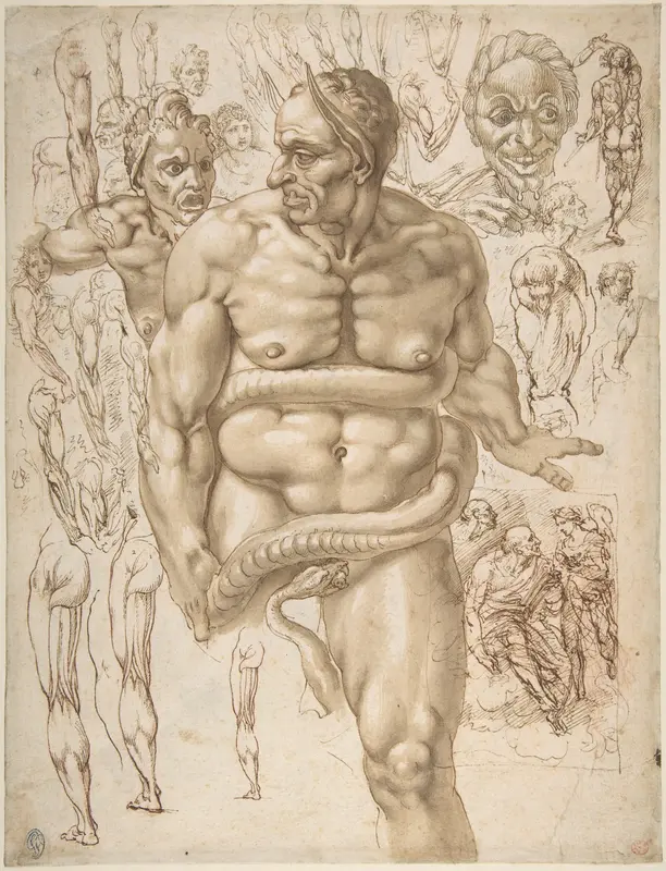 Nude Demon Encircled by a Serpent, after Michelangelo's Last Judgment; and Other Figure Studies (recto); Figure Studies (verso) Wall Art by Giovanni Ambrogio Figino - High-Resolution Digital Print