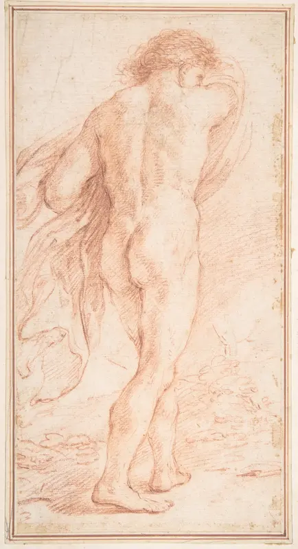 Nude Figure with Cloak, seen from rear Wall Art by Anonymous, Italian, Roman-Bolognese, 17th century - High-Resolution Digital Print