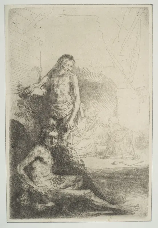 Nude Man Seated and Another Standing, with a Woman and a Baby Lightly Etched in Background Wall Art by Rembrandt (Rembrandt van Rijn) - High-Resolution Digital Print