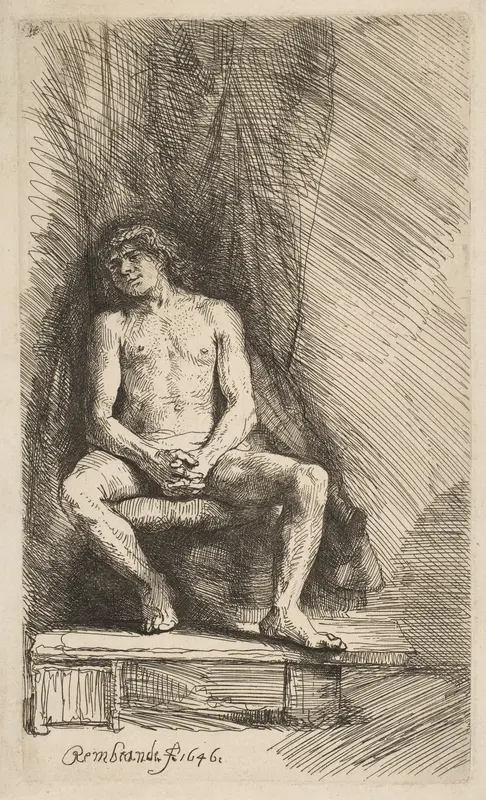 Nude Man Seated before a Curtain Wall Art by Rembrandt (Rembrandt van Rijn) - High-Resolution Digital Print