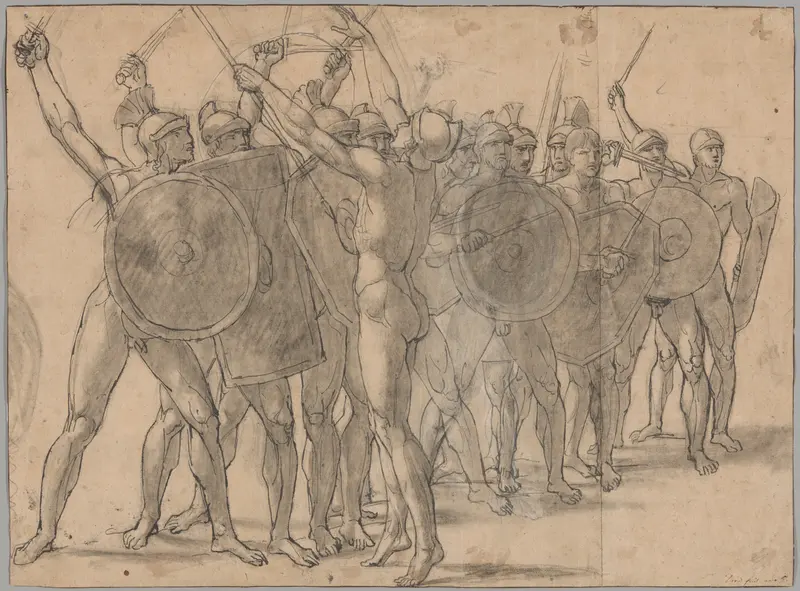 Nude Soldiers Gesticulating with Their Weapons (recto); Two Drapery Studies for the Figure of Tatius (verso) Wall Art by Jacques Louis David - High-Resolution Digital Print