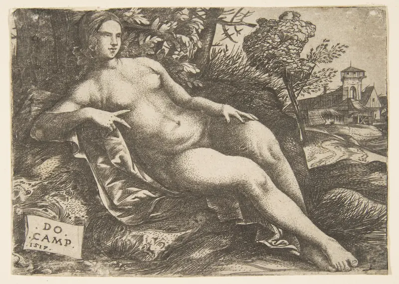 Nude woman (Venus) reclining in a landscape Wall Art by Domenico Campagnola - High-Resolution Digital Print