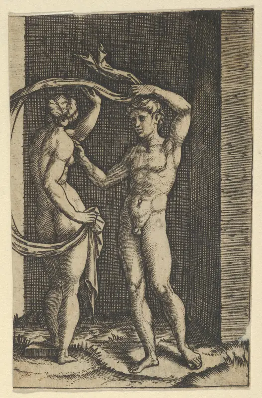 Nude woman viewed from behind holding fabric which blows behind her, looking at male nude standing in contrapposto in front of her