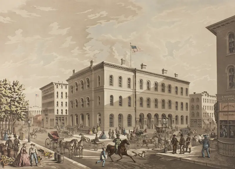 N.W. Corner of Dearborn and Monroe Streets, Chicago, Showing the Post Office Building in the Year 1865