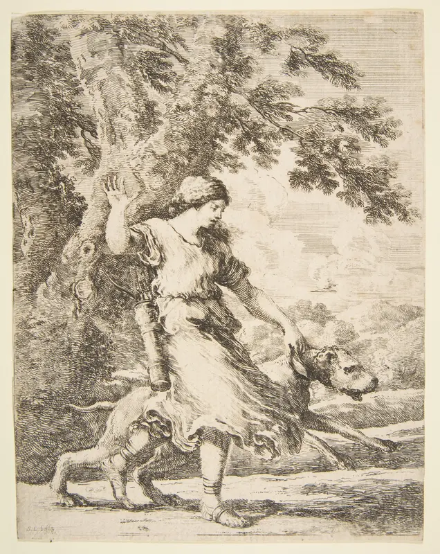 Nymph Holding a Large Dog by the Collar Wall Art by Stefano della Bella - High-Resolution Digital Print