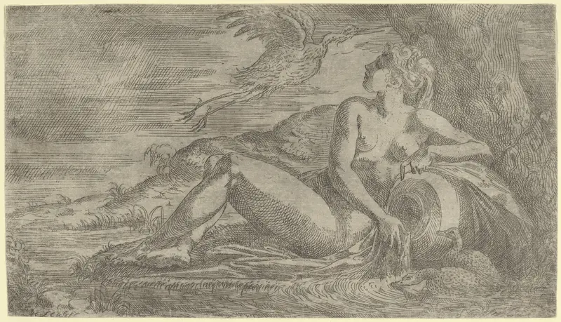 Nymph Watching a Heron Flying Away