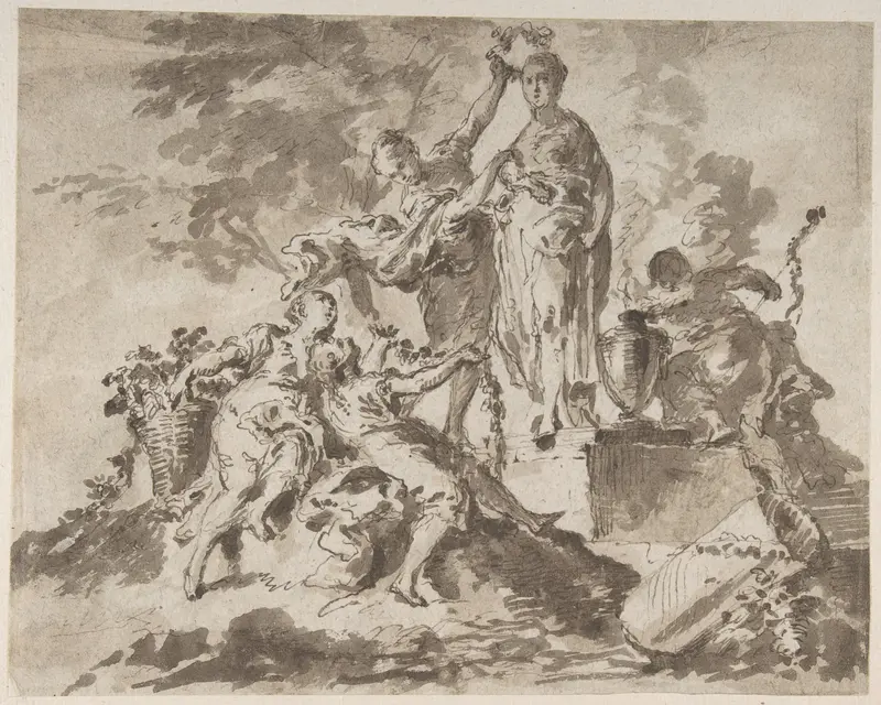 Nymphs Adorning the Statue of a Goddess (recto); River God with Three Nymphs (verso) Wall Art by Anonymous, Italian, Venetian, 18th century - High-Resolution Digital Print