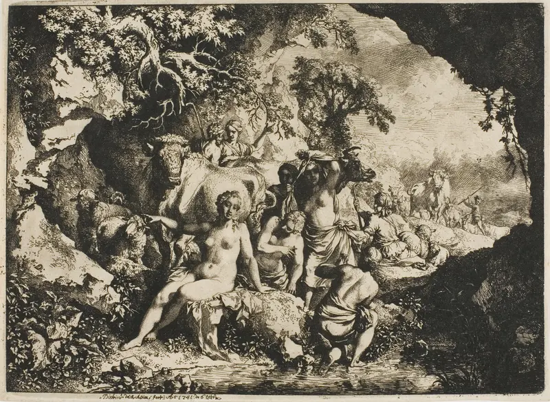 Nymphs Bathing Near a Cave Wall Art by Christian Wilhelm Ernst Dietrich - High-Resolution Digital Print