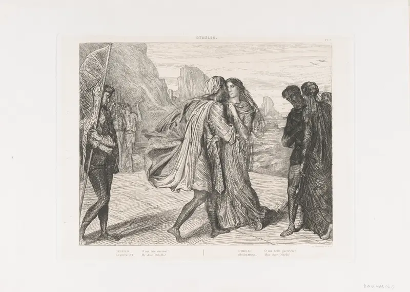 "O my fair warrior!": plate 5 from Othello (Act 2, Scene 1) Wall Art by Théodore Chassériau - High-Resolution Digital Print