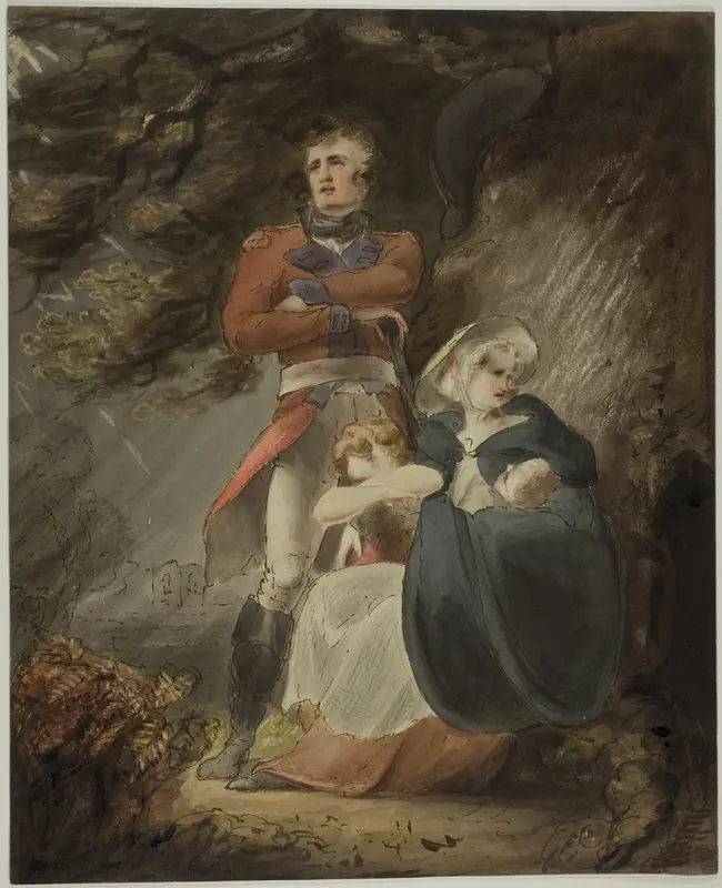Officer Seeking Shelter with his Wife and Children from a Storm (recto); Sketch of Castle on Hill (verso) Wall Art by Richard Westall - High-Resolution Digital Print