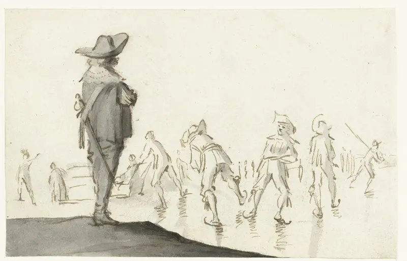 Officier die naar schaatsers staat te kijken, op de rug gezien Wall Art by Unknown - High-Resolution Digital Print