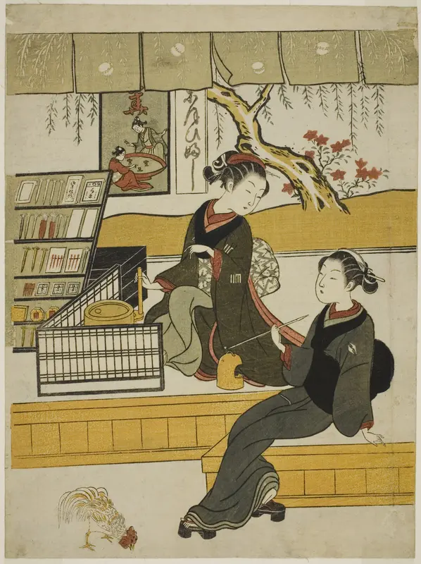 Ofuji, the Shop Girl of the Motoyanagiya, with a Customer