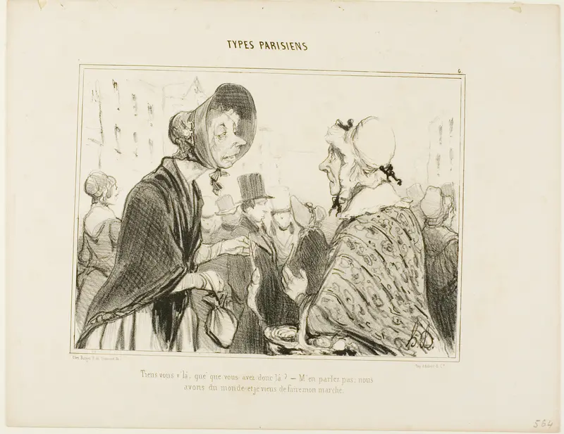 “- Oh, here you are..... what do you have there?..... - Let's not talk about it.... we are having guests, and I just did my shopping,” plate 6 from Types Parisiens