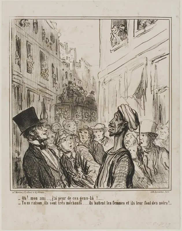 “- Oh, my friend... I am afraid of these people there. - And rightly so... they are quite vicious, they beat their women and make them have black children!,” plate 101 from Actualités