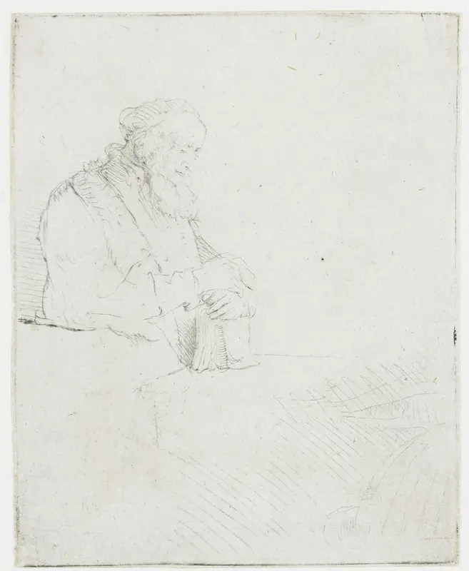Old man in meditation, leaning on a book Wall Art by Rembrandt van Rijn - High-Resolution Digital Print