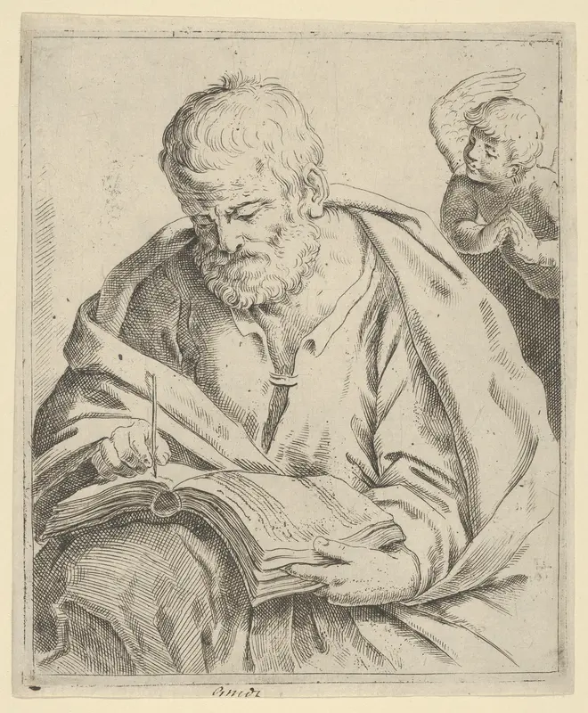 Old man seated and writing in a book, an angel at right looking over his shoulder Wall Art by Anonymous - High-Resolution Digital Print