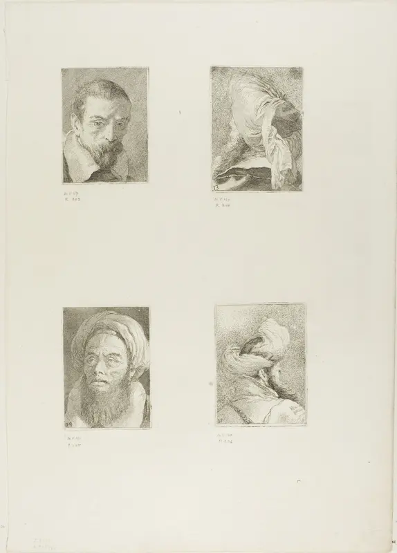 Old Man with a Beard and a Bare Head, Turk Seen from Behind, Turk with a Turban, Turk Seen from Behind Wall Art by Giovanni Domenico Tiepolo - High-Resolution Digital Print