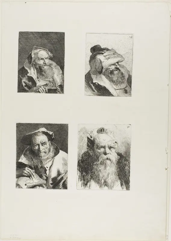Old Man with a Book, Old Man with His Hat on His Forehead, The Mathematician, Old Man with a Beard Wall Art by Giovanni Domenico Tiepolo - High-Resolution Digital Print